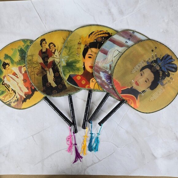 Set of 5 Chinese Silk Round Paddle Hand Fans Geisha Women Bamboo Hand Painted - Picture 1 of 16